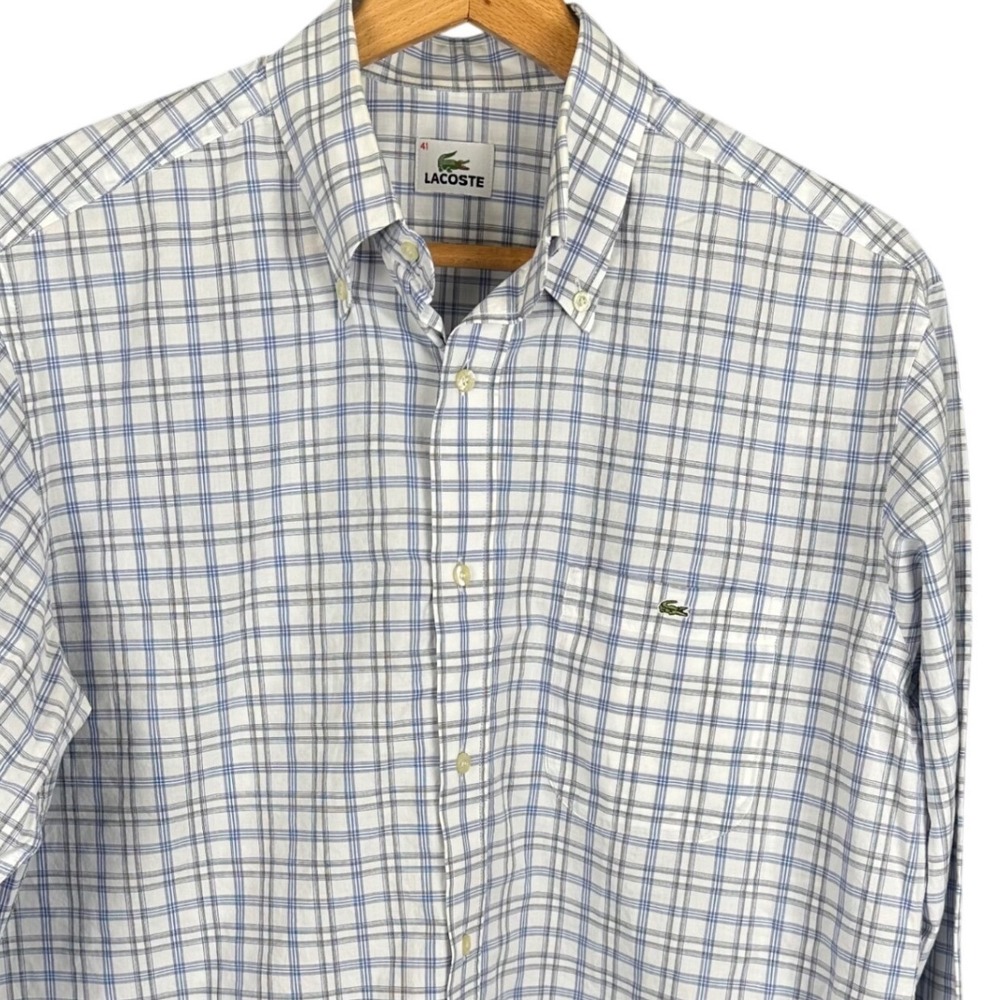 Lacoste Mens Plaid Button Down Shirt Blue Grey White Long Sleeve Size 41 Logo - Picture 1 of 7